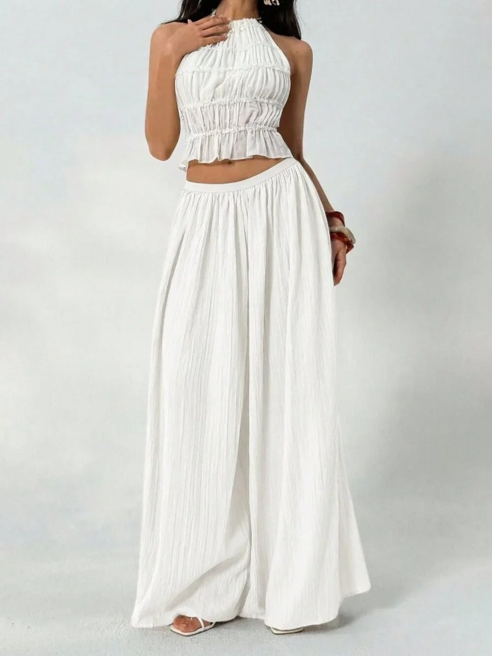 White Casual Women's Loose Textured Palazzo Pants